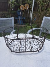 chicken Wire Mesh wooden handle Basket with ball feet 11"L  5" d 9"w
