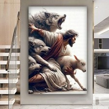 JESUS WITH WOLVES RELIGIOUS CHRISTIAN ART- WALL CANVAS-FLOAT FRAME-POSTER PRINT