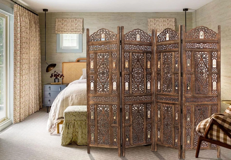 Separador de habitaciones Pantalla de madera 4 paneles plegable montado tallado a mano versátil 72 x 80 Foto 3 de 4