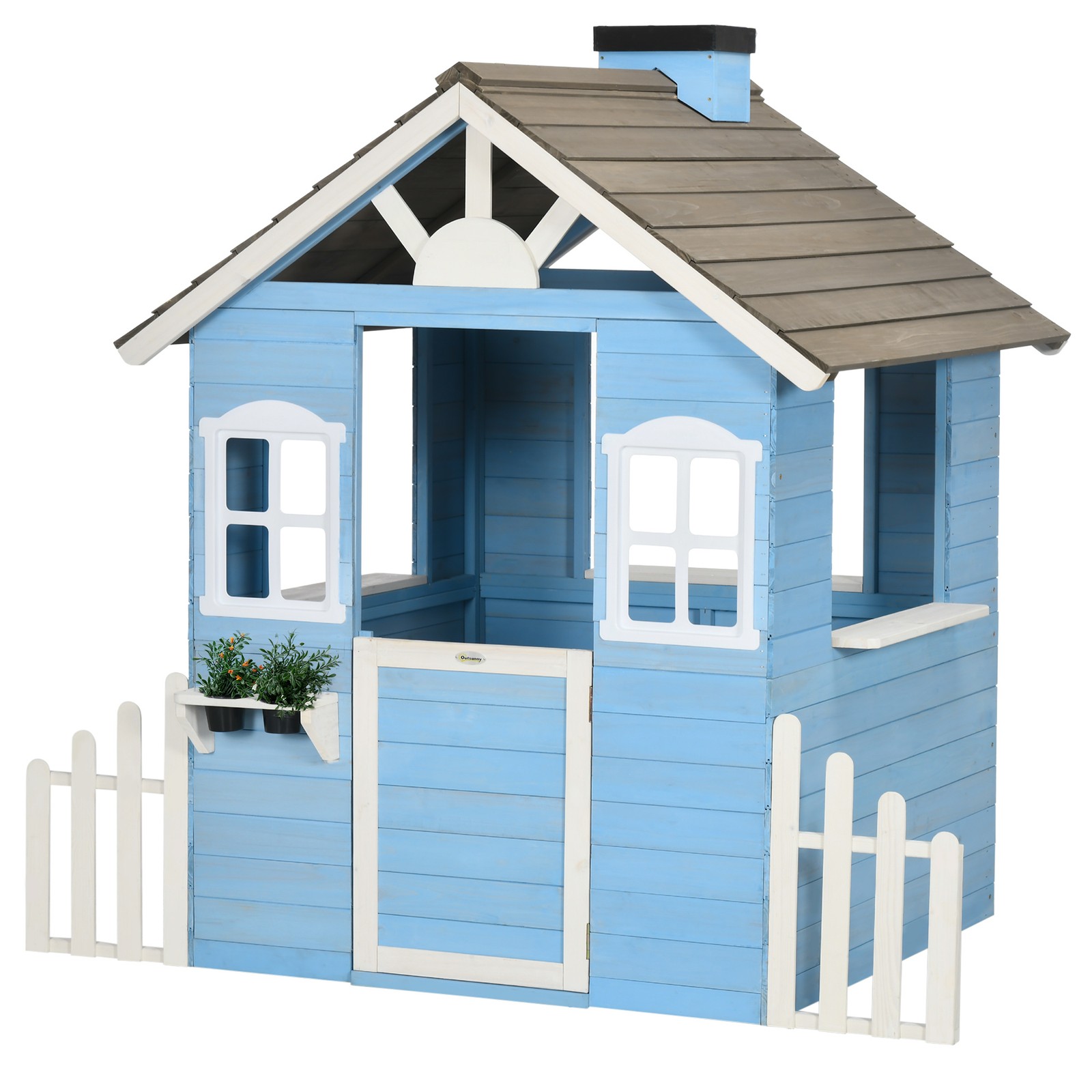 Wooden Playhouse for Kids Outdoor with Flower Pot Holders, Blue