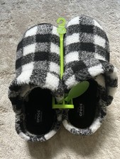 Crocs Classic Cozzy Buff Check Slide Slippers Black White Plaid M10 / W12 NWT