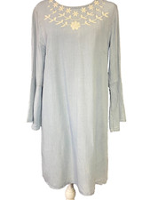 Forever 21 Womens L Light Blue Embroidered Floral Boho Tunic Dress Long Sleeve