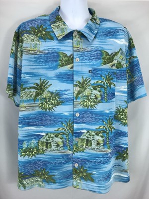 Quicksilver  Shirt Mens XL Perforated Hawaiian Beach Short Sleeve Blue Button Up