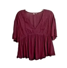 MELROSE AND MARKET Women's v-Neck Burgundy Blouse Short Split Sleeve XS