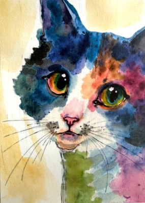 OOAK Colorful Cat ACEO Mixed Media Art Green Eyes Kitten Miniature by AdriO