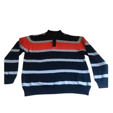 Tommy Hilfiger 1/4 Quarter Zip Sweater Large 16/18 Navy Blue Orange Gray Stripes