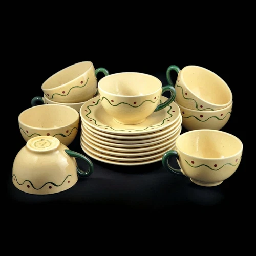 Metlox Poppytrail Green Rooster Flat Cup and Saucer 16pc Set Teacup Coffee Cups
