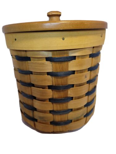 Wooden Basket Wood Lid Green Weave Approx 7" - Picture 1 of 10