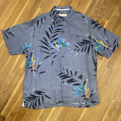Tommy Bahama Hawaiian Shirt Men s Size Large Gray Bird of Paradise Floral Linen