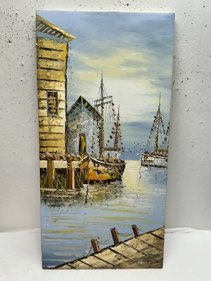 Vintage Original Oil on Canvas Painting Fishing Boats Dock Seascape Signed King