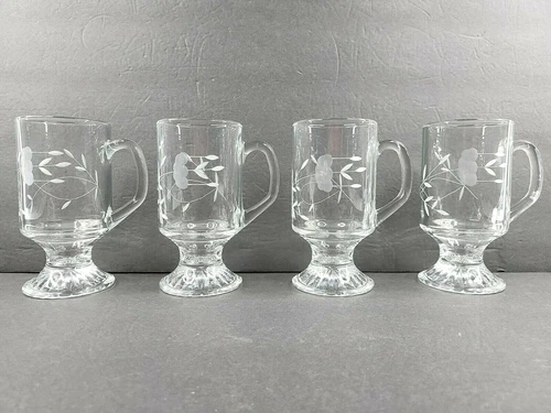 4 Princess House Heritage Irish Mugs Set 5 1/2" Floral Etched Footed Clear Cups