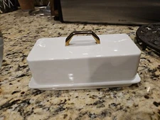 Gorgeous 7" X 3" SWEESE White Porcelain Butter Dish With Gold Handle 