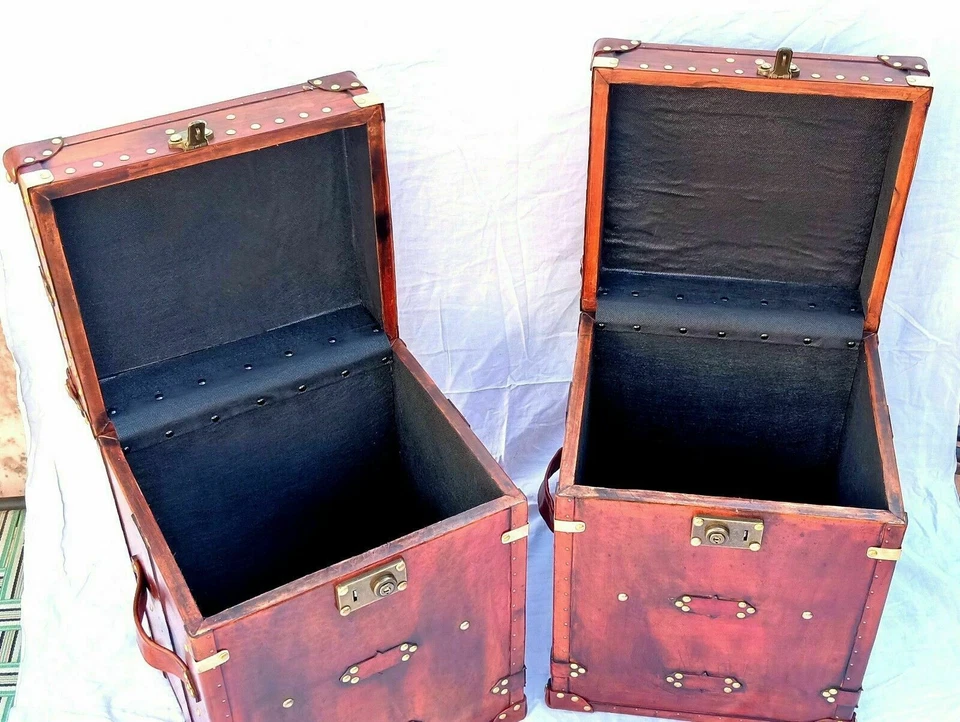 Pair of Finest English Leather Antique Inspired Side Table Trunk and Chest - Image 3 of 4