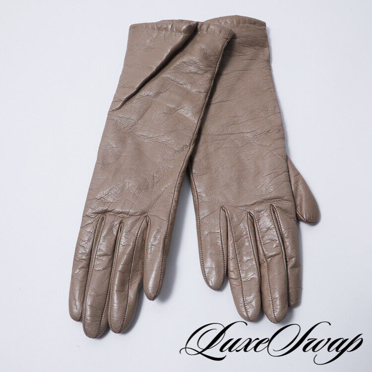 Neiman Marcus Taupe Greige Nappa Leather Cashmere Lined Long Winter Gloves 6 NR