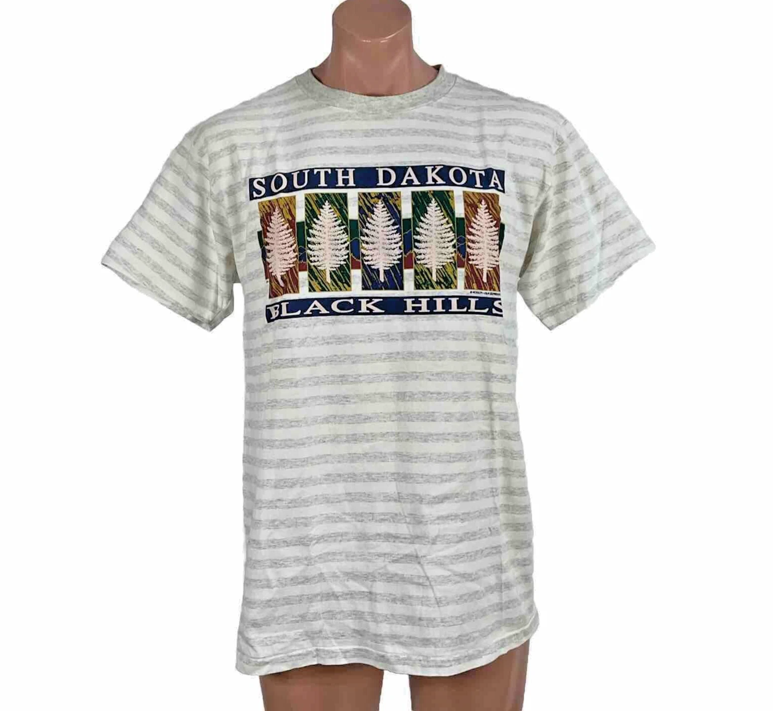 VTG 90s South Dakota Black Hills White Gray Striped S/S Forest Camping T-Shirt L