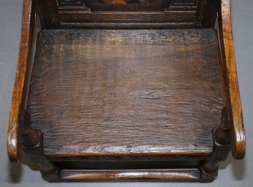 17th Century Charles I English Oak Wainscot Armchair Primate Design Hand Carved - Picture 6 of 12
