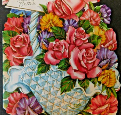 Vintage Get Well Greeting Card Glass Basket Full of Flowers C263