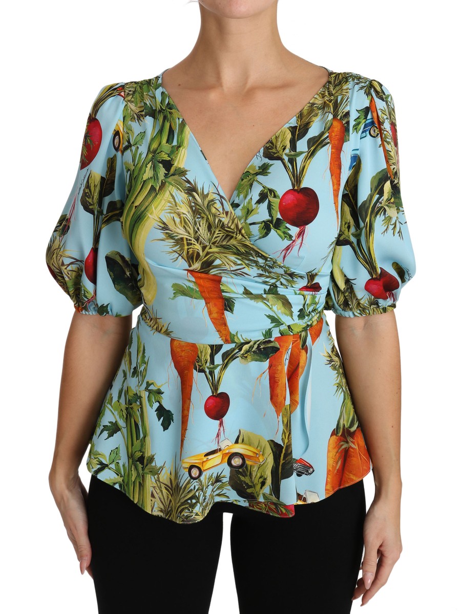 DOLCE & GABBANA Blouse Vegetable Print Silk Top Peplum Wrap
