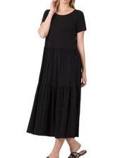 Zenana Midi Dress Womens Short Sleeve Tiered Body Black Comfort Casual S M L XL