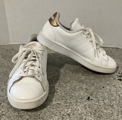 Adidas Women's Size 8.5 Advantage Cloudfoam Sneakers White w/Gold Accents