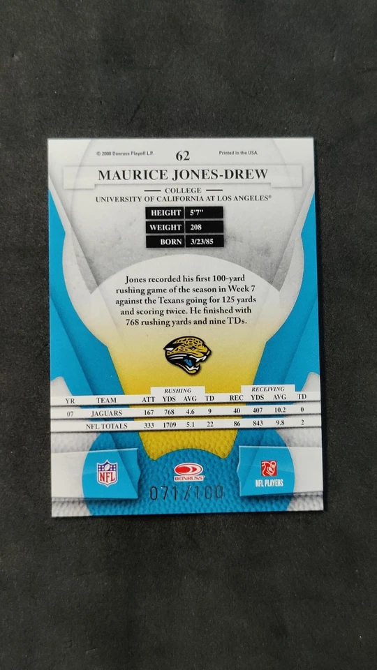 2008 Leaf Certified Materials Mirror Red /100 Maurice Jones-Drew #62 - Image 3 of 3
