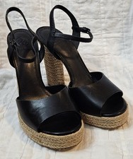 Tory Burch Black Leather Peep Toe Woven Espadrille Heels Leather Soles Sz 8.5 M