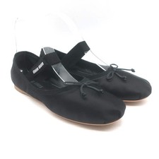 Miu Miu Logo Strap Ballet Flats Black Satin Size 38 NEW