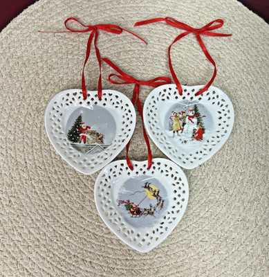 Set Of 3 Porcelain Victorian Christmas Scene Plate Ornaments W/ Ribbon Hangers
