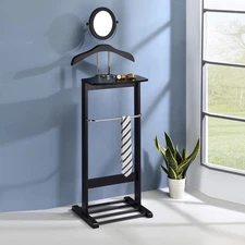 Kings Brand Millett Wood Suit Valet Stand Clothes Rack, Black / Chrome