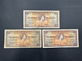 Rare Bermuda 5 Shillings "Elizabeth II" Vintage Banknote Set (3) LOT: 2607 018