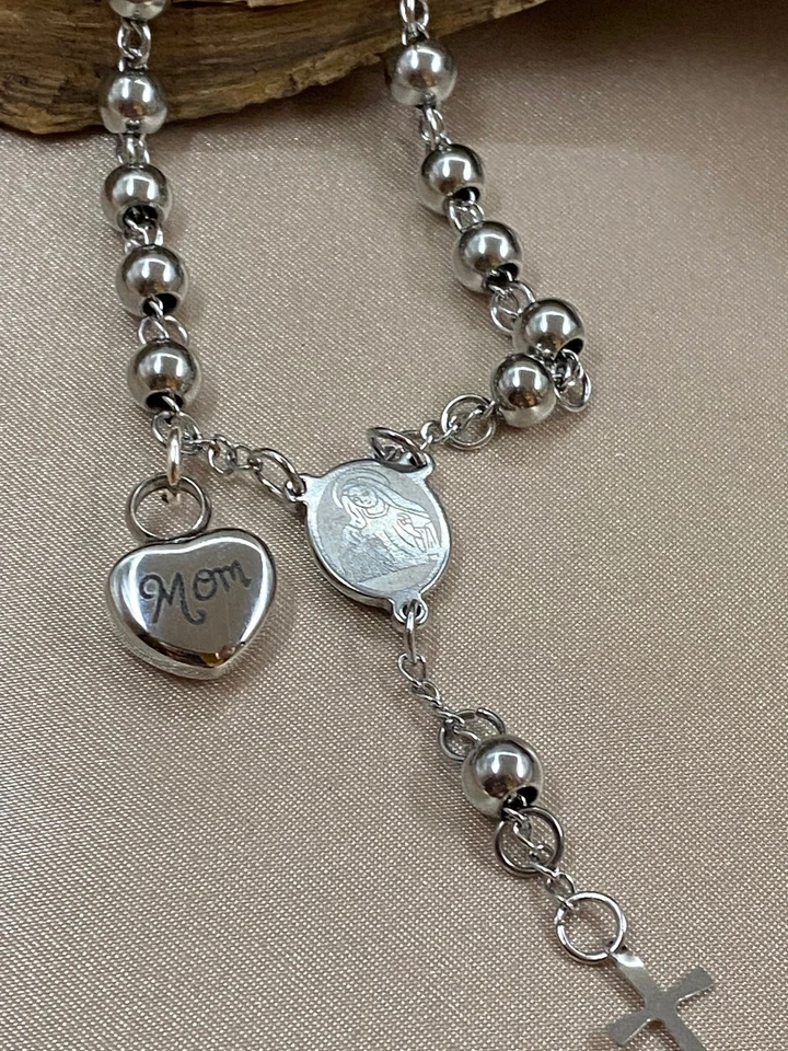 Pulsera Rosario Católico Cuentas con Cruz y Marido Corazón Cremación Urna Memorial Foto 3 de 4