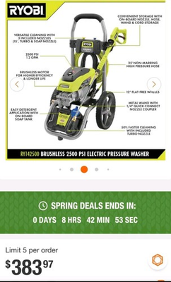 #ad RYOBI 2500 PSI 1.2 GPM High Performance Cold Water Electric Pressure Washer $246.00