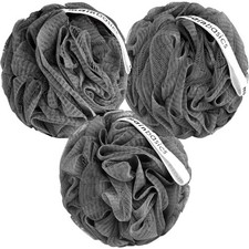 MainBasics Shower Loofah Sponge Pouf, Set of 3, 3 Count Pack 1 , Gray