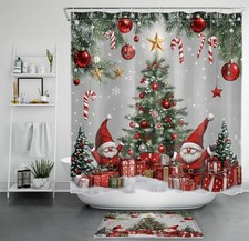 Winter Funny Gnome Green Christmas Tree Shower Curtain Set for Bathroom Decor