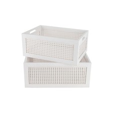 White Wooden Storage Baskets with Handle, Rectangular Set of 2