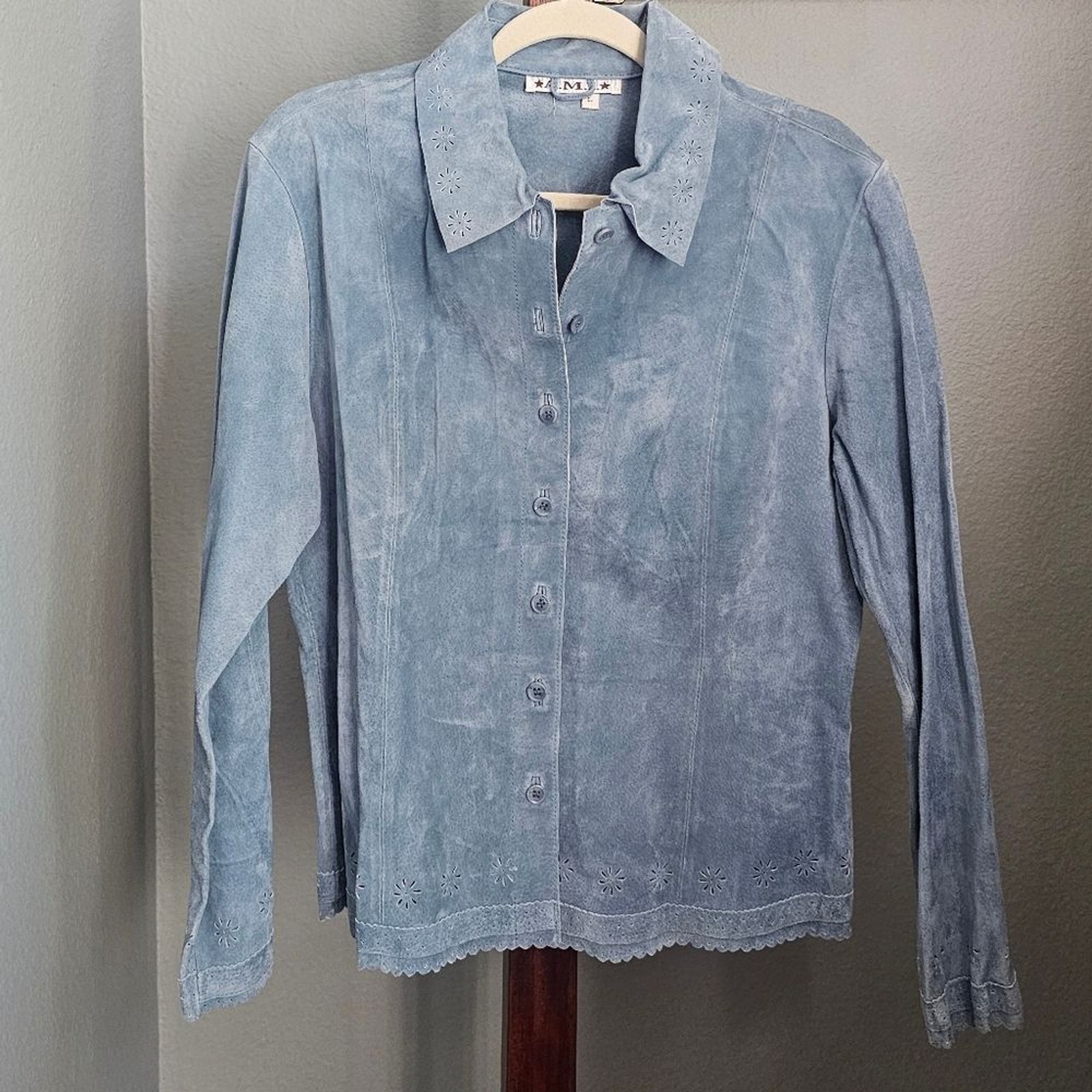 Rustic Blue Suede Button Down Shirt Jacket Womens… - image 1