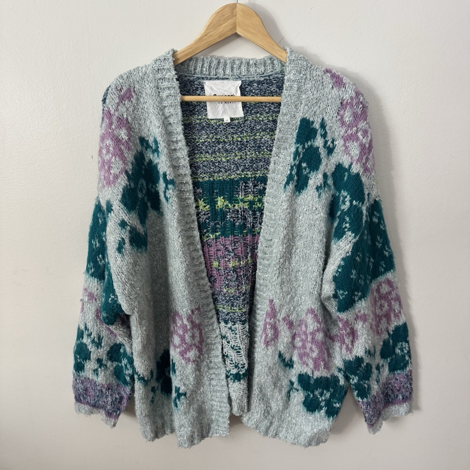 &Merci Chunky Knit Cardigan Oversized Fit Boho Grey Green and Purple Size Med