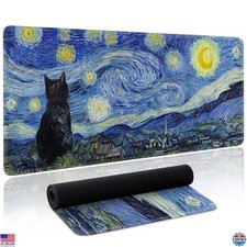 Starry Night Cat Gaming Mouse Pad 31.5 x 11.8 - Non-Slip Base Stitched Edges
