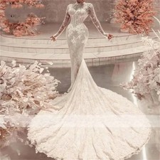 Mermaid White Wedding Dress Full Sleeve High Neck Muslim Bridal Gown Lace