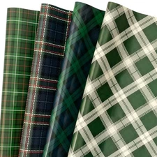  Christmas Green Wrapping Paper, 12 Folded Sheet with 4 Different Tartan Green