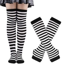 1 Set Women Gothic Punk Over Knee Long Stripe Socks Arm Sleeve Gloves for Girl T