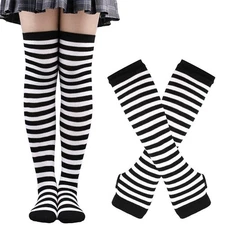 1 Set Women Gothic Punk Over Knee Long Stripe Socks Arm Sleeve Gloves for Girl T