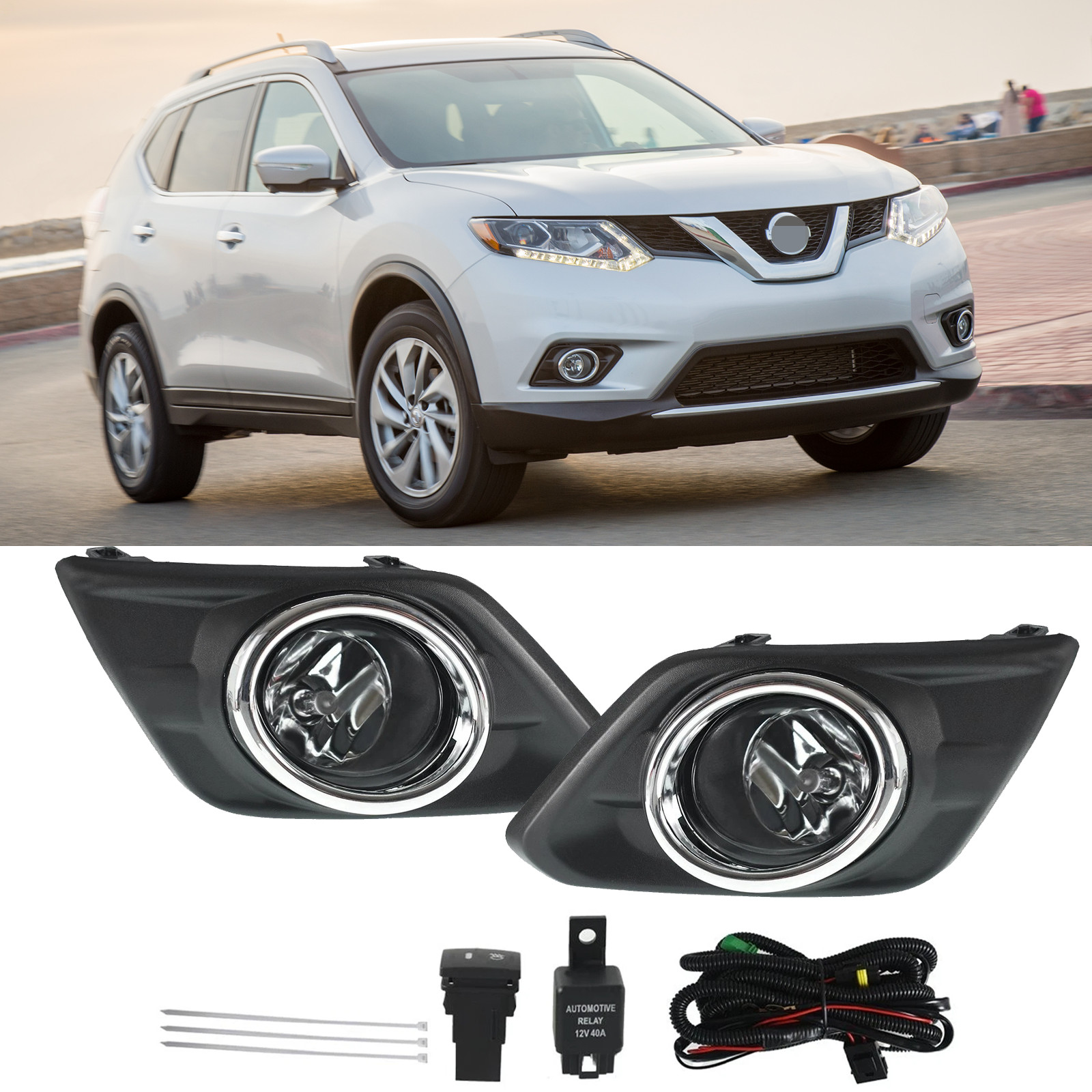 Pair For 2014 2015 2016 Nissan Rogue Clear Fog Lights Lamp w/Bulb +Switch +Bezel