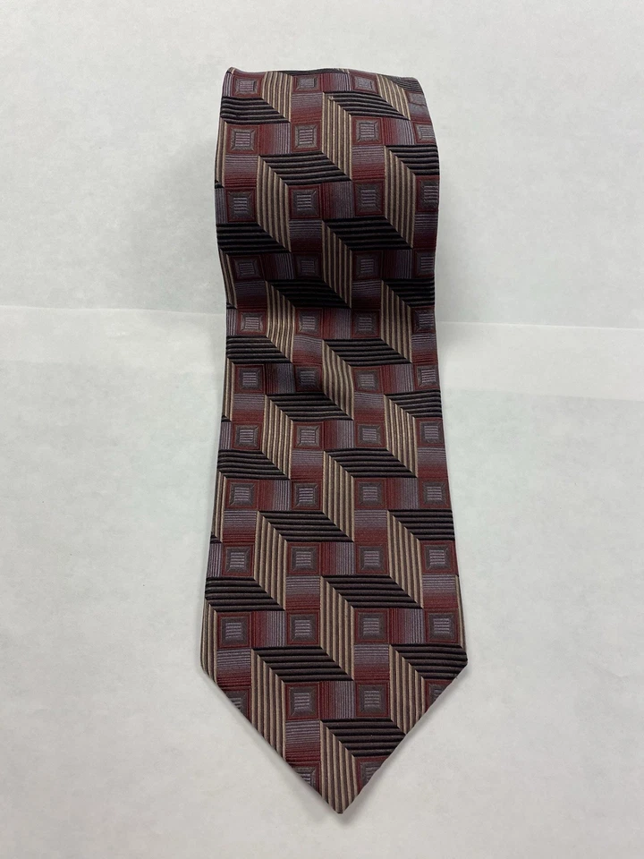 Screenplay By Martin Wong Silk Necktie Black Red Gold Geometric Handmade 60x3.75 - Image 2 of 4