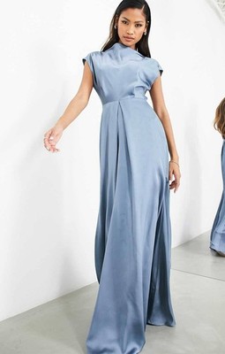 blue satin dress asos ASOS DESIGN satin mini dress with angel sleeves in blue