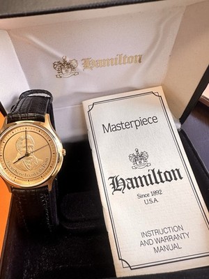 Hamilton Masterpiece Gold Plated Wristwatch Black Leather Band Gold Dial Analog