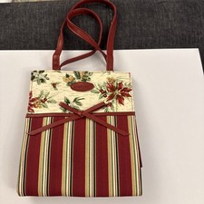 Longaberger Christmas Holiday Fabric Gift Bag Tote Stripe Botanical HM5