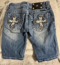 Miss Me Bermuda Denim Shorts Embroidered Cross Blue Size 25 JPS445M