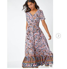 roman Light Pink Floral Border Shirred Waist Maxi Women's Dress uk20 E5225