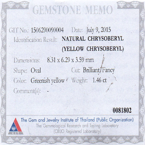 1.46 ct GIT Certified" RARE BEST GRADE LUSTROUS NATURAL CHRYSO BERYL Oval SQ ! - Picture 3 of 3